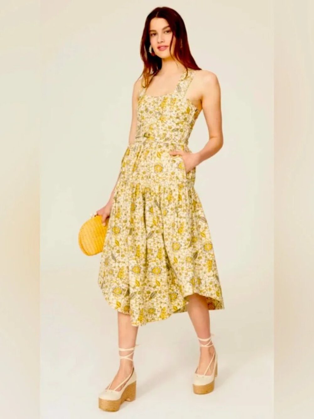 ULLA JOHNSON Enzo Dress Cotton Floral Midi Sweetheart Tiered Tank Sundress 8